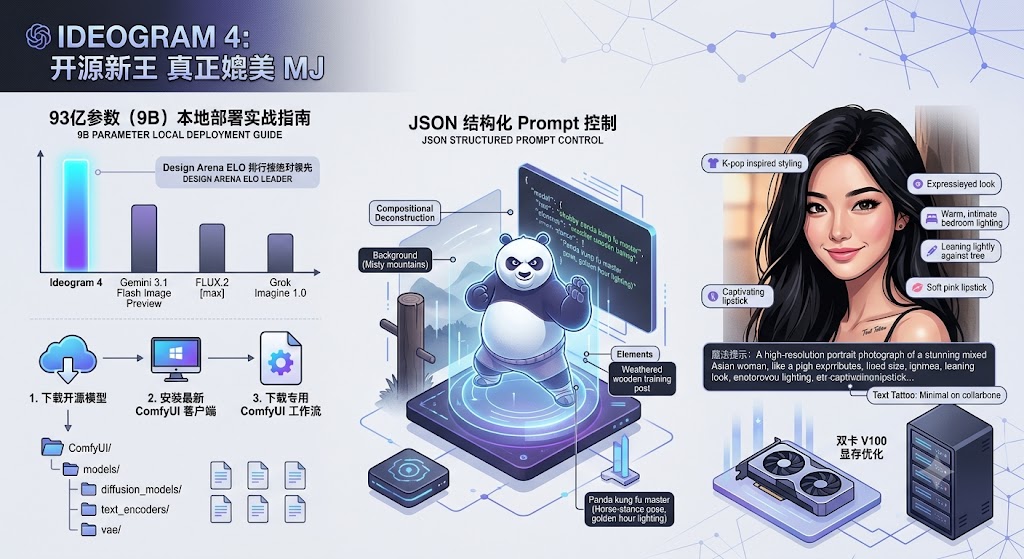 摆脱云端割韭菜！93亿参数 Ideogram 4 本地部署实战：ComfyUI 结构化 JSON 绘图与算力调优指南